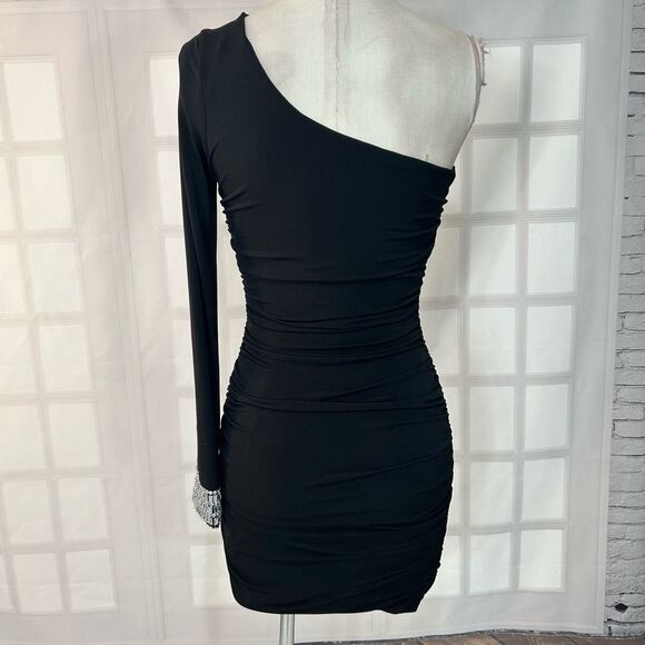 City Triangles Black Ruched Bodycon One Shoulder Mini Dress Size S - Picture 5 of 9